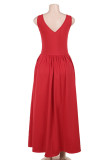 Red Elegant Solid Color Patchwork V Neck Long Dresses