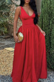 Red Elegant Solid Color Patchwork V Neck Long Dresses