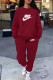 Burgundy Casual Street Letter Print Draw String Pocket O Neck Long Sleeve Two Pieces
