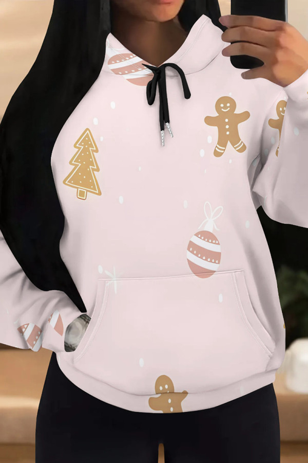 Pink Casual Print Draw String Pocket Patchwork Hooded Tops