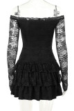 Black Sexy Solid Color Lace Patchwork Backless Off Shoulder Wrapped Skirt Dresses