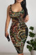 Black Brown Sexy Floral Print Graffiti Print Contrast U Neck Printed Dresses