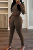 Coffee Casual Solid Color Basic O Neck Long Sleeve Two Pieces