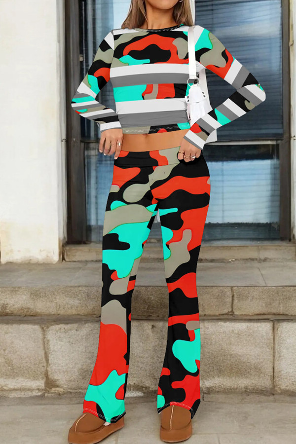 Brick Red Casual Print Patchwork O Neck Long Sleeve Two Pieces