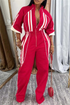 Red Casual Patchwork Contrast Zipper Collar Straight Jumpsuits