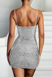 Apricot Sexy Solid Color Hollow Out Backless Hot Drill Spaghetti Strap Sling Dresses