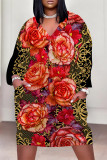 Black Casual Daily Flowers Faux Denim Print Pocket Contrast V Neck Printed Plus Size Dresses