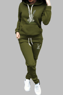 Green Casual Print Draw String Pocket Patchwork Hooded Long Sleeve Two Pieces