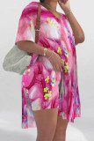 Pink Black Casual Vacation Floral Print Slit Contrast V Neck Short Sleeve Two Pieces