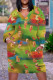 Green Casual Daily Flowers Faux Denim Print Pocket Contrast V Neck Printed Plus Size Dresses
