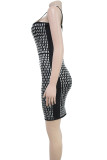Apricot Sexy Solid Color Hollow Out Backless Hot Drill Spaghetti Strap Sling Dresses
