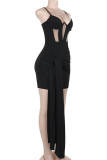 Black Sexy Solid Color Patchwork Backless Spaghetti Strap Sling Dresses