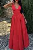 Red Elegant Solid Color Patchwork V Neck Long Dresses