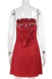 Red Sexy Solid Color Patchwork Backless Strap Design Strapless Wrapped Skirt Dresses