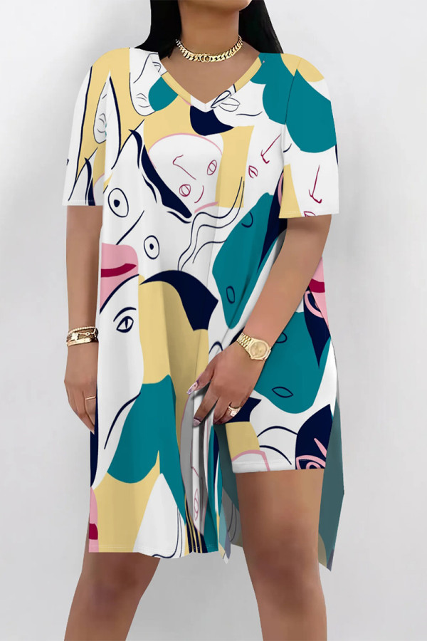 Green Yellow Casual Vacation Floral Print Slit Contrast V Neck Short Sleeve Two Pieces