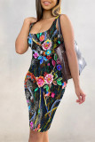 Multicolor Sexy Floral Print Graffiti Print Contrast U Neck Printed Dresses