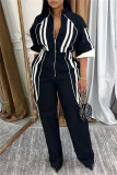 Red Casual Patchwork Contrast Zipper Collar Straight Jumpsuits