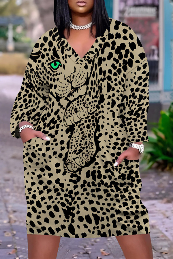 Camel Casual Street Animal Print Pocket Contrast V Neck Printed Plus Size Dresses
