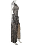 Black Sexy Lace Hollow Out High Slit Deep V Neck Long Dresses