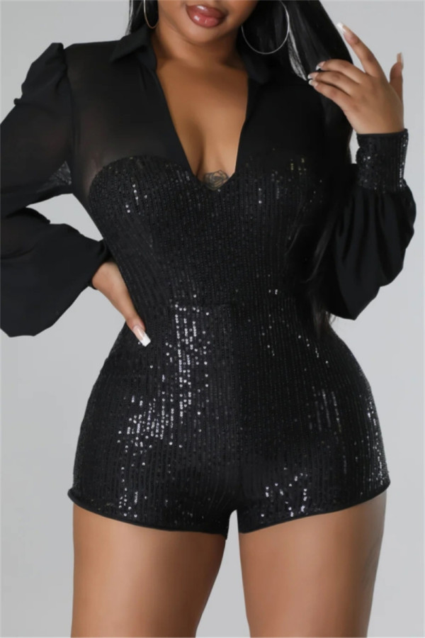 Black Party Patchwork Sequins V Neck Bodycon Rompers