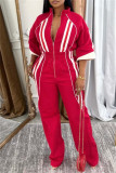 Red Casual Patchwork Contrast Zipper Collar Straight Jumpsuits