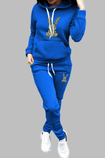 Blue Casual Print Draw String Pocket Patchwork Hooded Long Sleeve Two Pieces