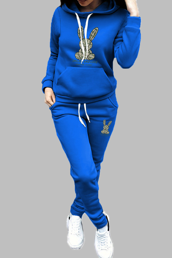 Blue Casual Print Draw String Pocket Patchwork Hooded Long Sleeve Two Pieces
