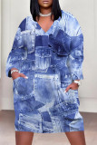 Black Casual Daily Flowers Faux Denim Print Pocket Contrast V Neck Printed Plus Size Dresses
