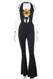 Black Casual Hollow Out Patchwork Flower Shape Halter Regular Jumpsuits