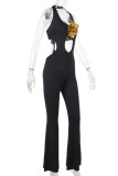 Black Casual Hollow Out Patchwork Flower Shape Halter Regular Jumpsuits