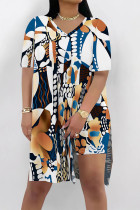 White Brown Casual Vacation Floral Print Slit Contrast V Neck Short Sleeve Two Pieces