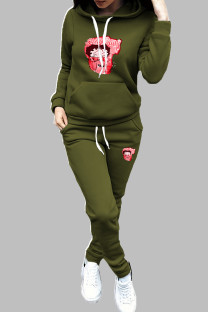 Green Casual Print Draw String Pocket Patchwork Hooded Long Sleeve Two Pieces