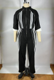 Red Casual Patchwork Contrast Zipper Collar Straight Jumpsuits