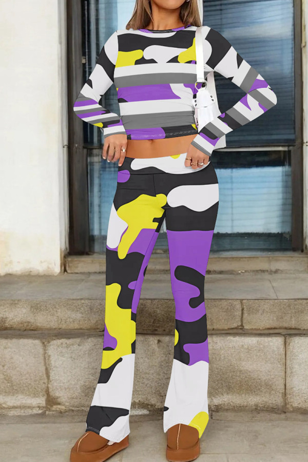 Purple Yellow Casual Print Patchwork O Neck Long Sleeve Two Pieces