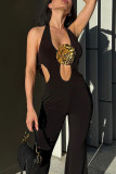 Black Casual Hollow Out Patchwork Flower Shape Halter Regular Jumpsuits