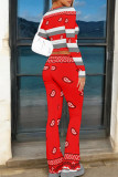 Red Casual Print Patchwork O Neck Long Sleeve Two Pieces
