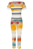 Powder White Casual Print Patchwork O Neck Short Sleeve Two Pieces
