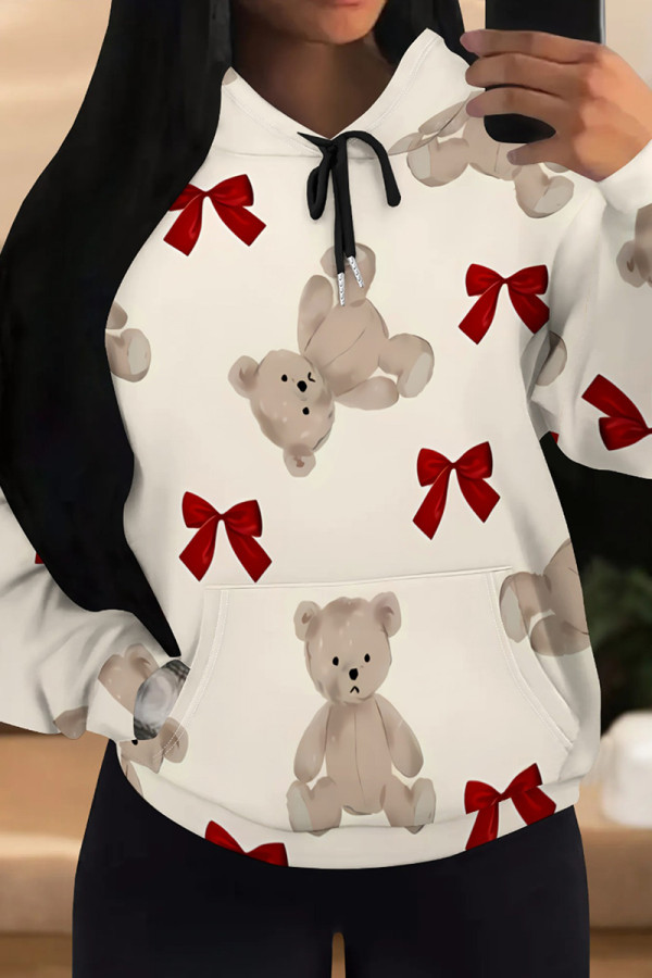 White Red Casual Print Draw String Pocket Patchwork Hooded Tops