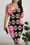 Multicolor Sexy Floral Print Graffiti Print Contrast U Neck Printed Dresses