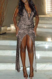 Black Sexy Lace Hollow Out High Slit Deep V Neck Long Dresses