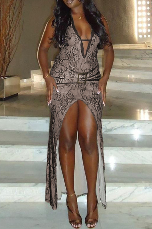 Black Sexy Lace Hollow Out High Slit Deep V Neck Long Dresses