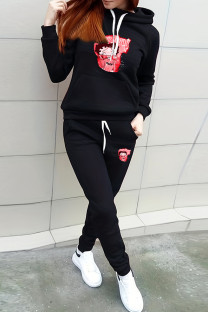 Black Casual Print Draw String Pocket Patchwork Hooded Long Sleeve Two Pieces