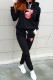 Black Casual Print Draw String Pocket Patchwork Hooded Long Sleeve Two Pieces