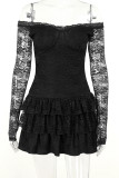 Black Sexy Solid Color Lace Patchwork Backless Off Shoulder Wrapped Skirt Dresses