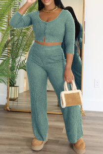Green Casual Solid Color Buckle Patchwork U Neck Three Quarter Two Pieces