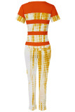 Powder White Casual Print Patchwork O Neck Short Sleeve Two Pieces