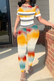 Powder White Casual Print Patchwork O Neck Short Sleeve Two Pieces
