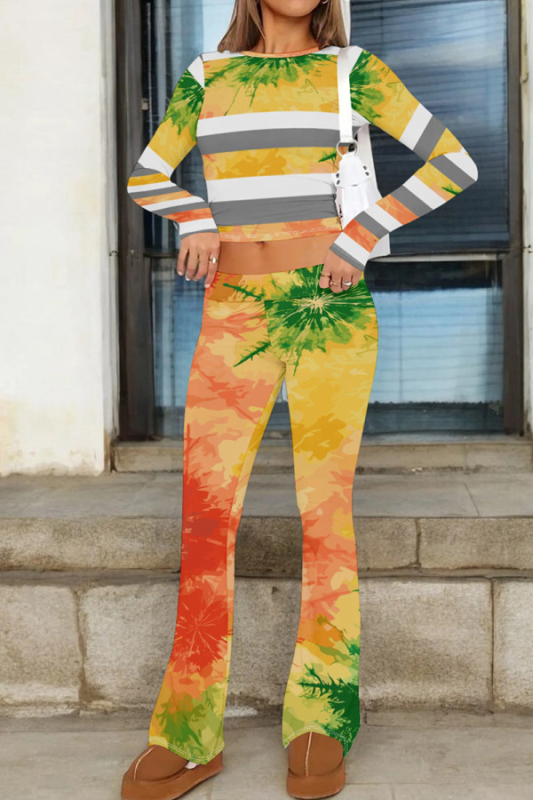 Green Yellow Casual Print Patchwork O Neck Long Sleeve Two Pieces
