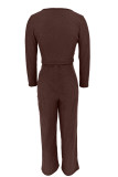 Dark Brown Casual Solid Color Buckle Patchwork U Neck Three Quarter Two Pieces