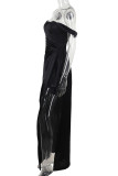 Black Elegant Solid Color Backless High Slit Ruched Off Shoulder Long Dresses
